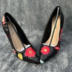 JustFab Floral Black Sequin Heels Size 8 NIB
